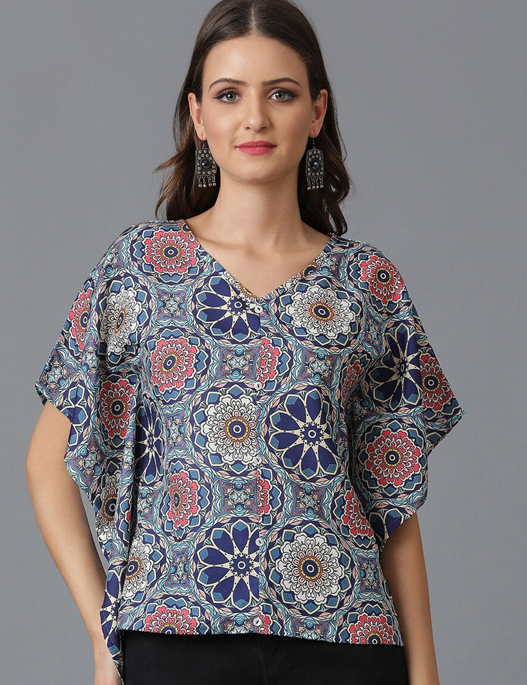 Kotty Blue Floral Printed V-Neck Flared Sleeves Top