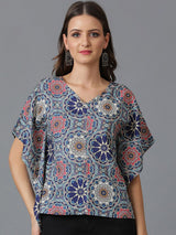Kotty Blue Floral Printed V-Neck Flared Sleeves Top