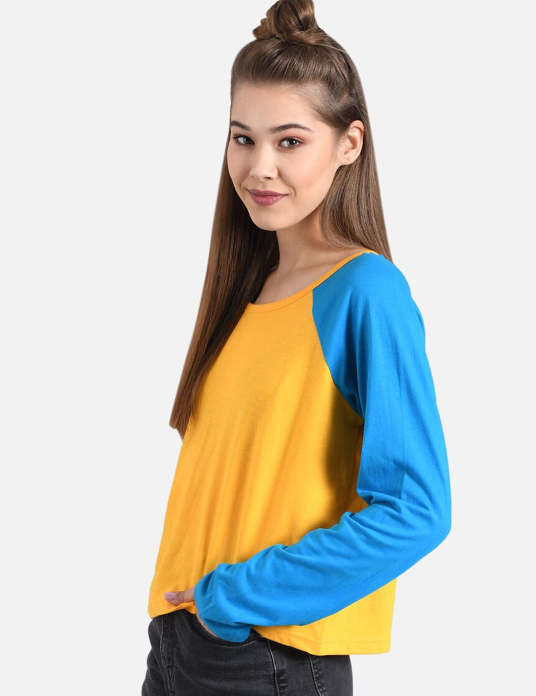 Kotty Women Blue & Yellow Colourblocked Round Neck T-shirt