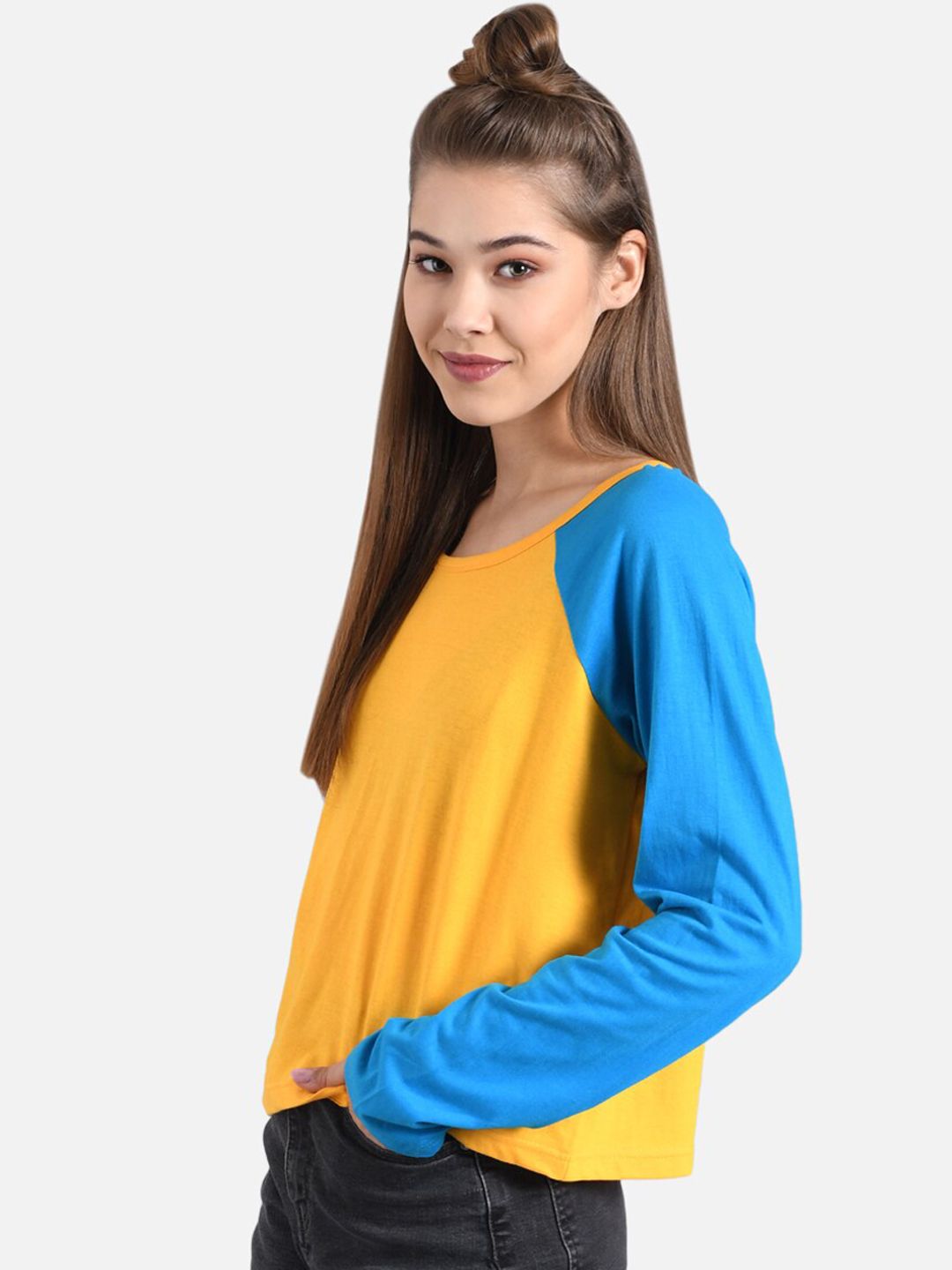 Kotty Women Blue & Yellow Colourblocked Round Neck T-shirt
