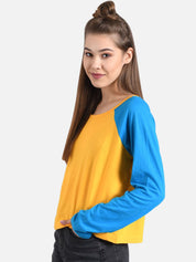 Kotty Women Blue & Yellow Colourblocked Round Neck T-shirt