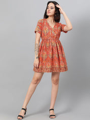 Kotty Orange Ethnic Motif Printed Fit & Flare Mini Dress