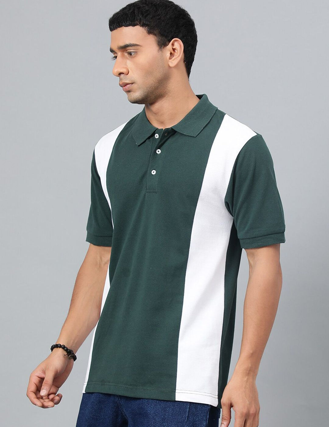 Kotty Green & White Colourblocked Polo Collar Cotton T-shirt