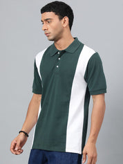 Kotty Green & White Colourblocked Polo Collar Cotton T-shirt