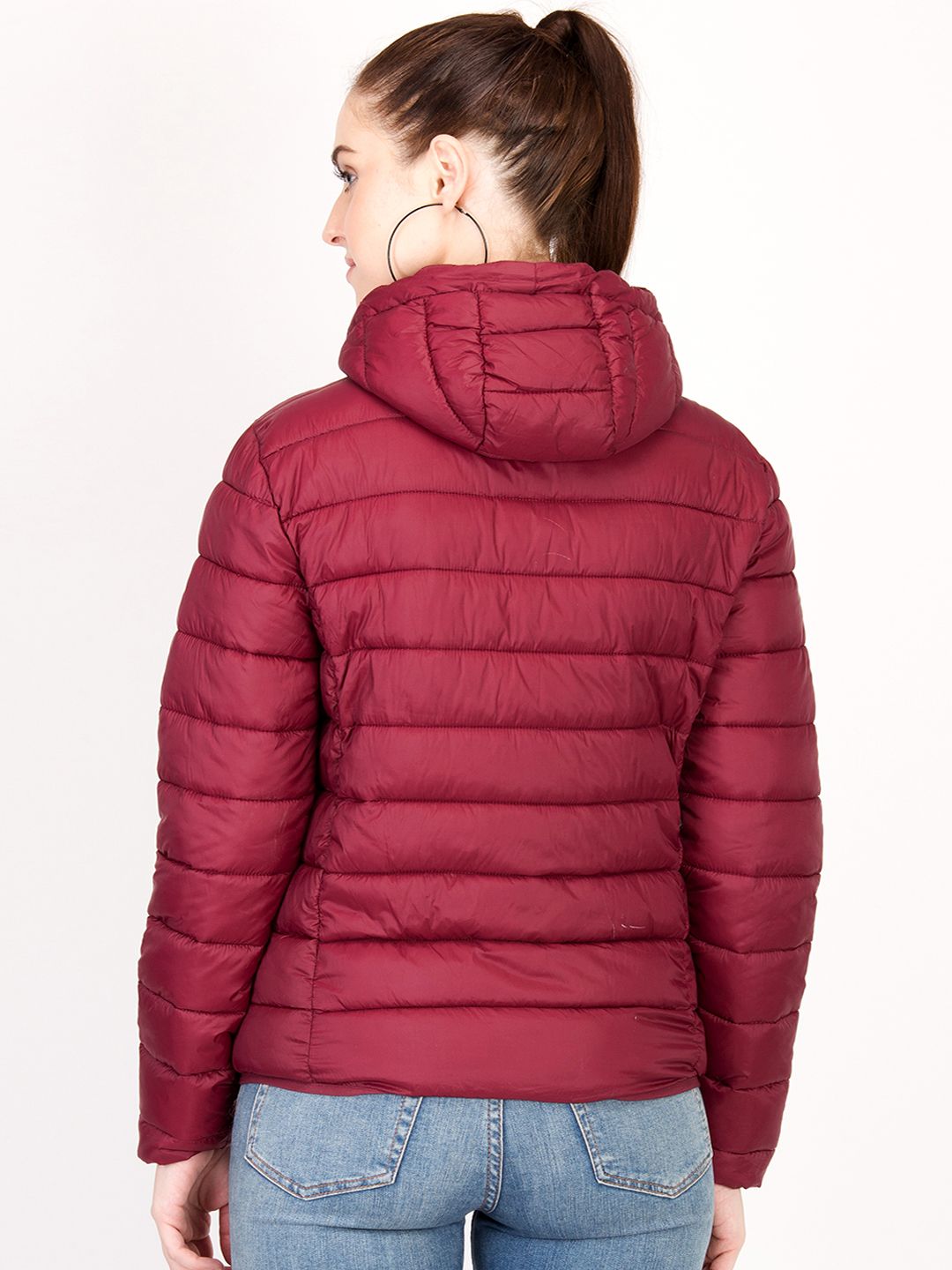 Kotty Women Maroon Solid Insulator Hooded Puffer Jacket