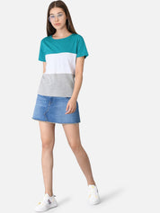 Kotty Women Blue Colourblocked Round Neck T-shirt