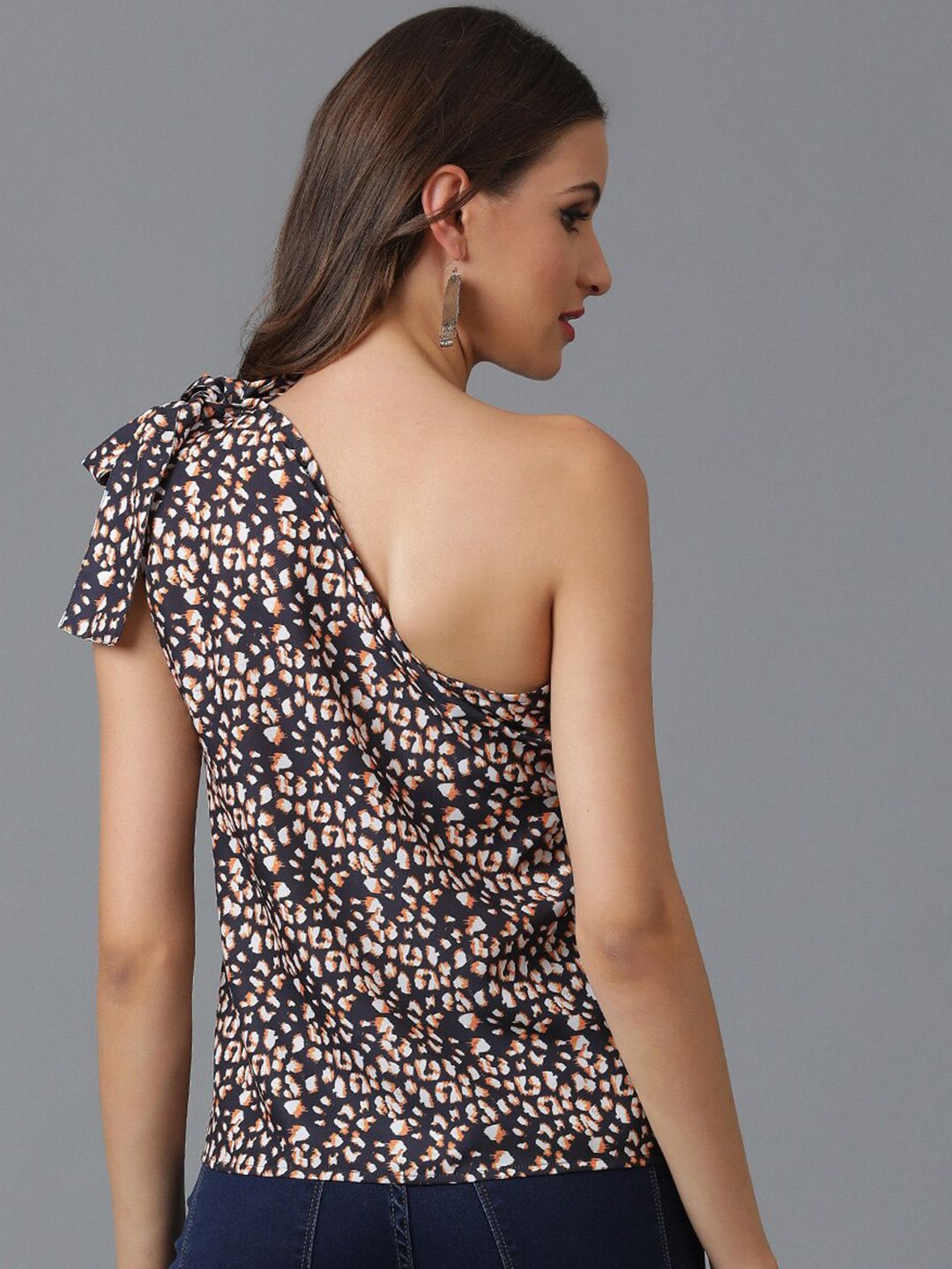 Kotty Black Floral Printed One Shoulder Crepe Top