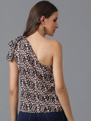 Kotty Black Floral Printed One Shoulder Crepe Top