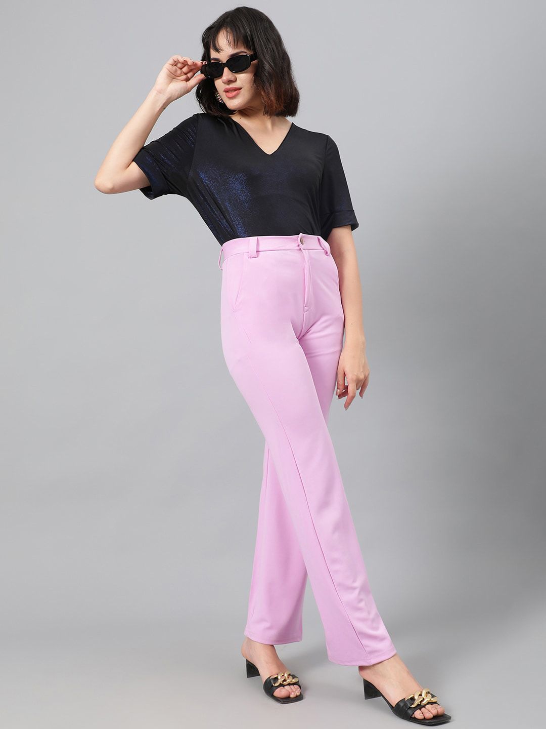 Kotty Women Purple Relaxed Straight Leg Fit High-Rise Easy Wash Trousers