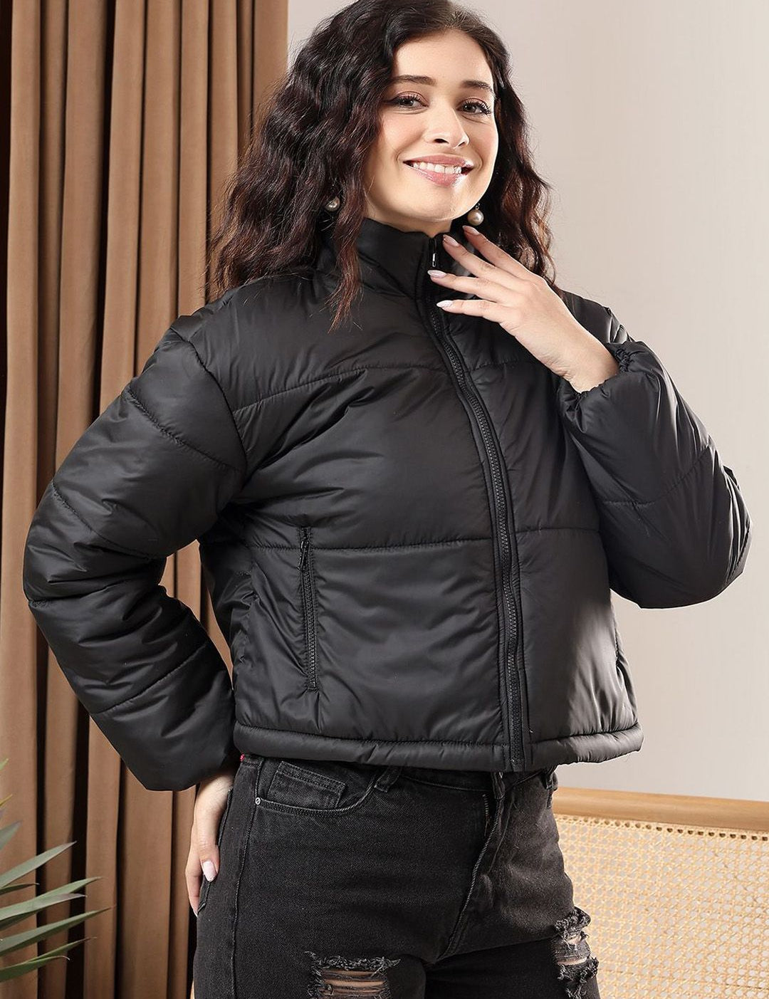 Kotty Women Mock Collar Solid Casual Puffer Insulator Jacket