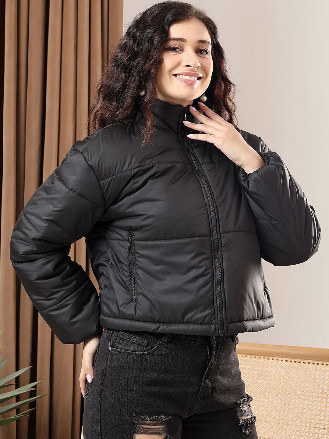 Kotty Women Mock Collar Solid Casual Puffer Insulator Jacket