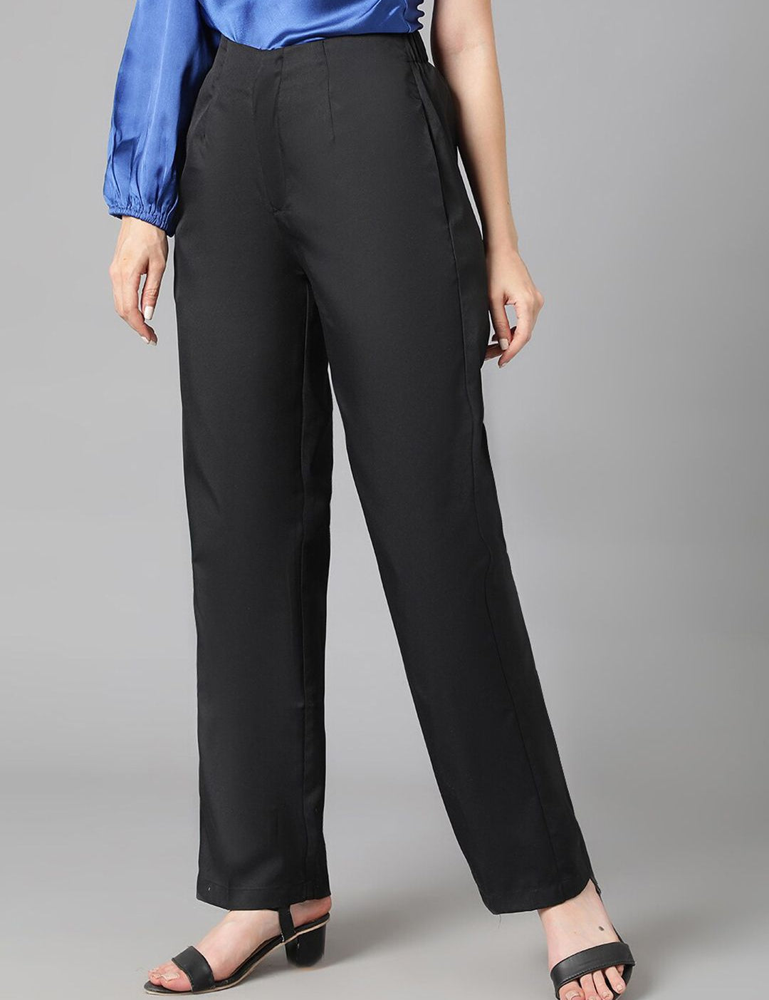 Kotty Women Black Relaxed Straight Leg Straight Fit High-Rise Easy Wash Pleated Trousers