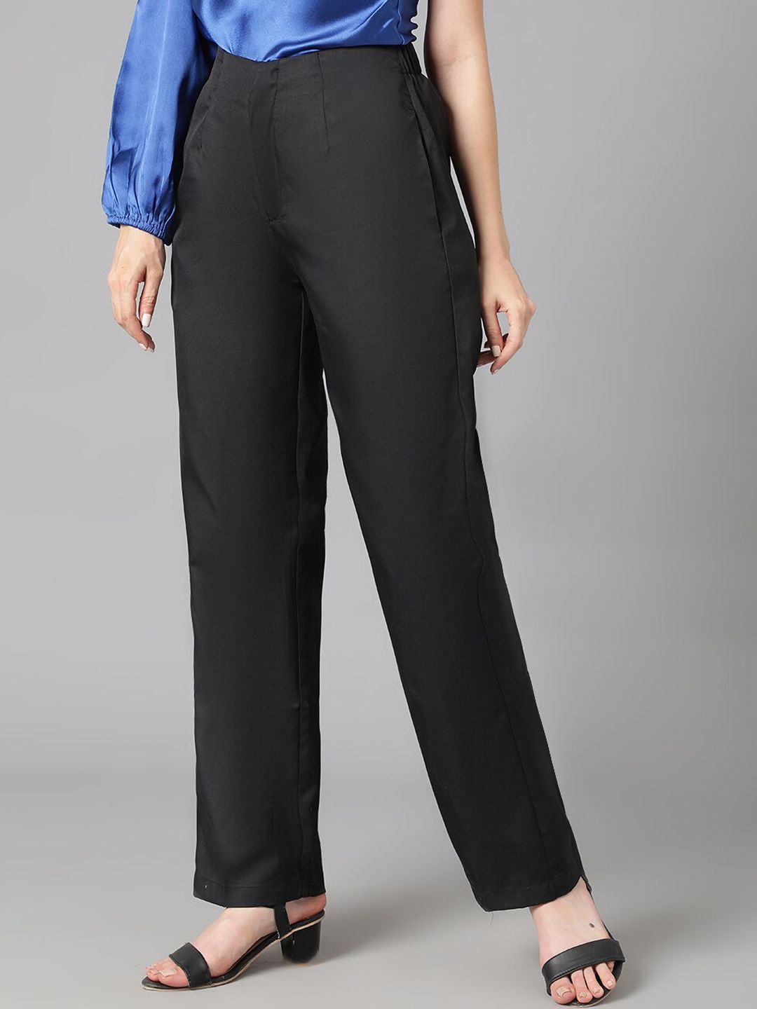 Kotty Women Black Relaxed Straight Leg Straight Fit High-Rise Easy Wash Pleated Trousers