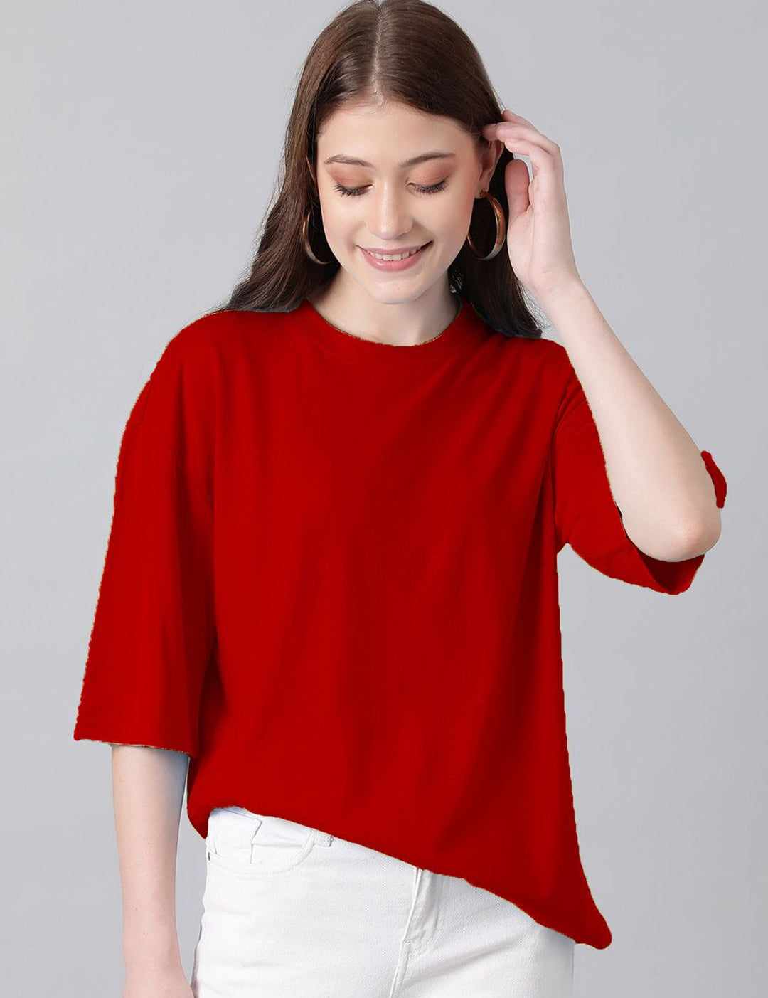 Kotty Red Round Neck Oversized Cotton T-shirt