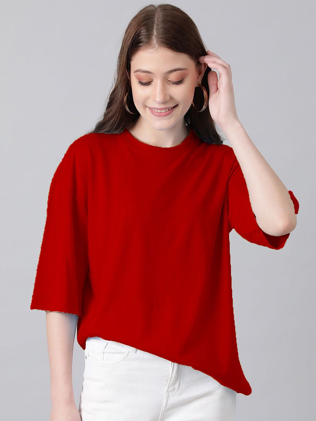Kotty Red Round Neck Oversized Cotton T-shirt
