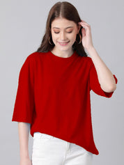 Kotty Red Round Neck Oversized Cotton T-shirt