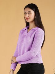 Kotty Women Lapel Collar Fuzzy Pullover Sweaters