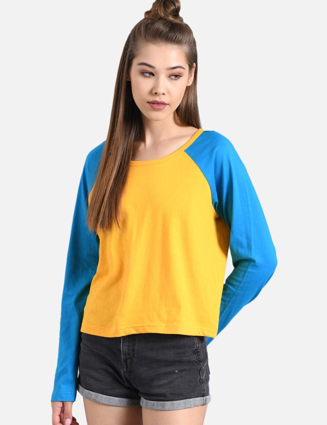 Kotty Women Blue & Yellow Colourblocked Round Neck T-shirt