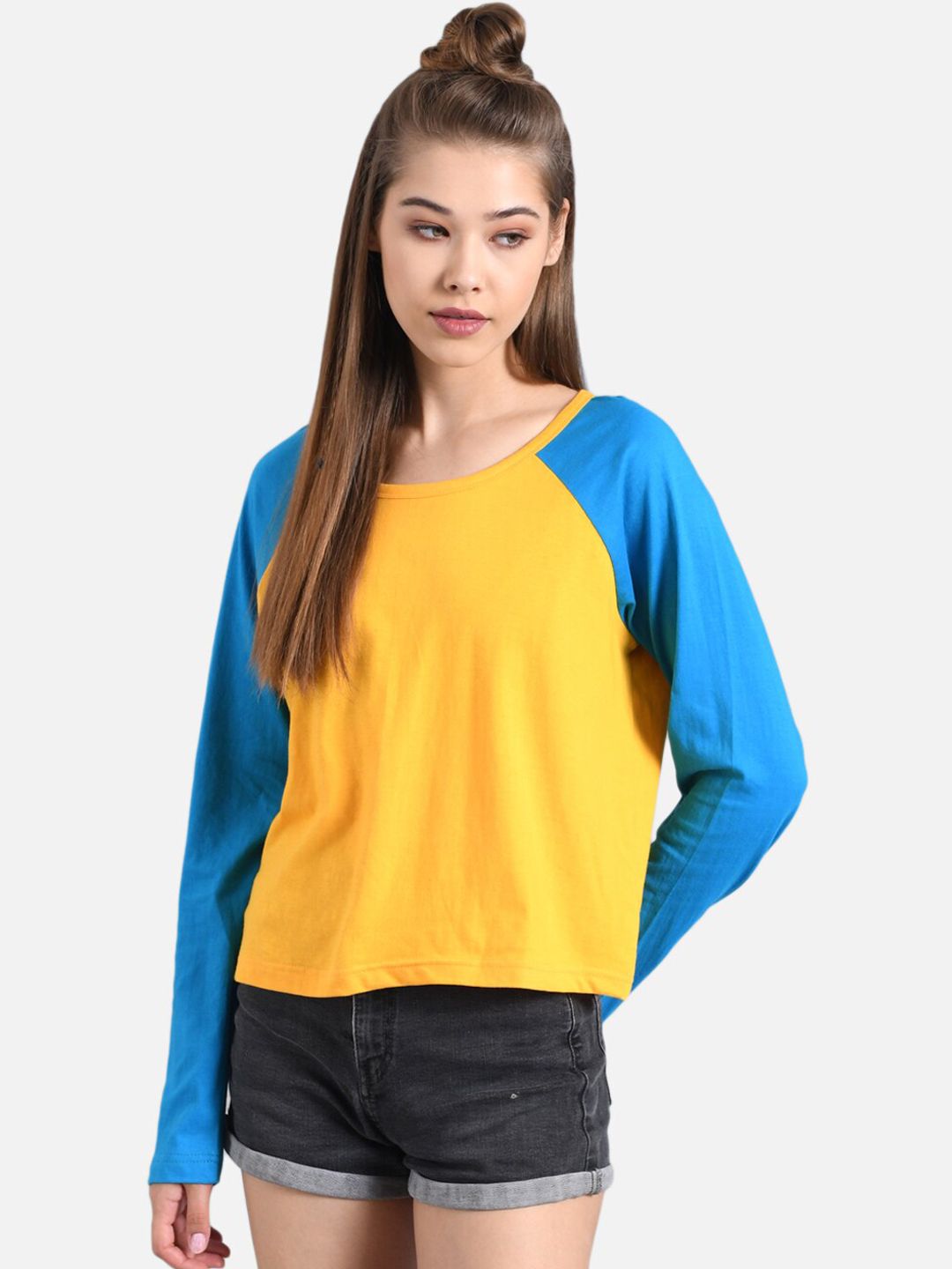Kotty Women Blue & Yellow Colourblocked Round Neck T-shirt