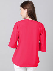 Kotty Pink & Blue Typography Printed Drop Shoulder Sleeves Oversized Casual T-Shirt