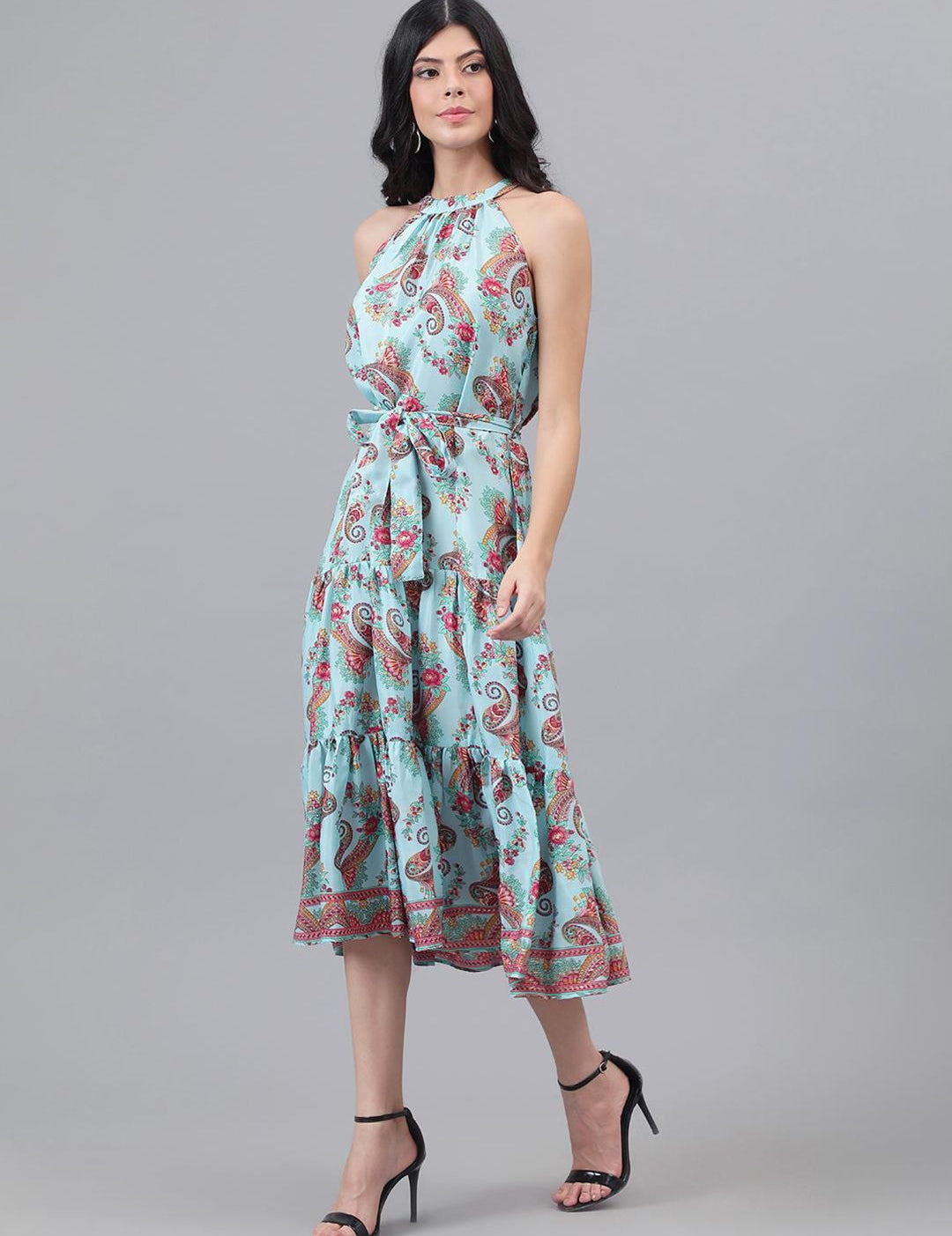 Kotty Turquoise Blue And Maroon Paisley Printed Halter Neck Tiered Fit & Flare Midi Dress