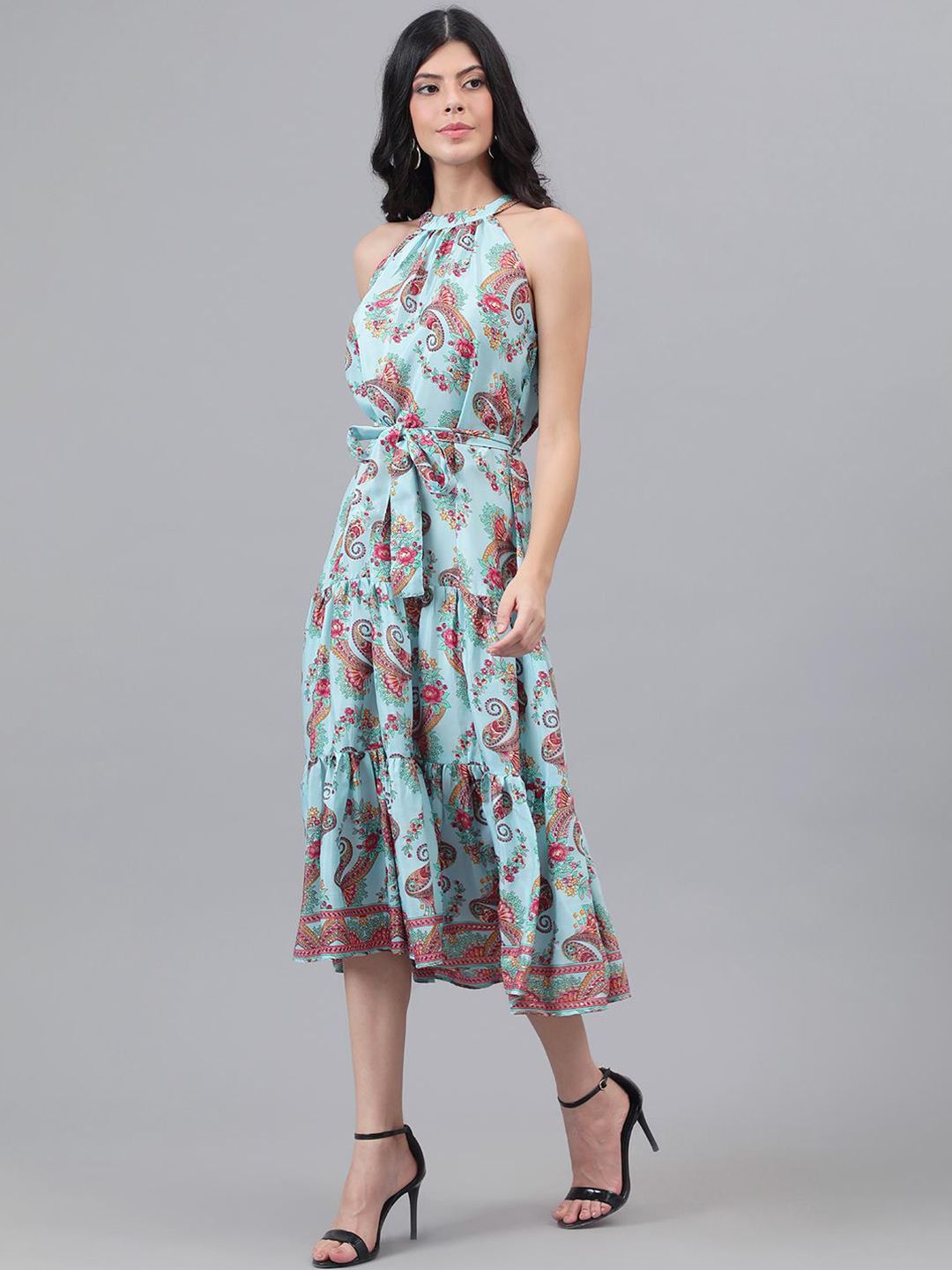 Kotty Turquoise Blue And Maroon Paisley Printed Halter Neck Tiered Fit & Flare Midi Dress