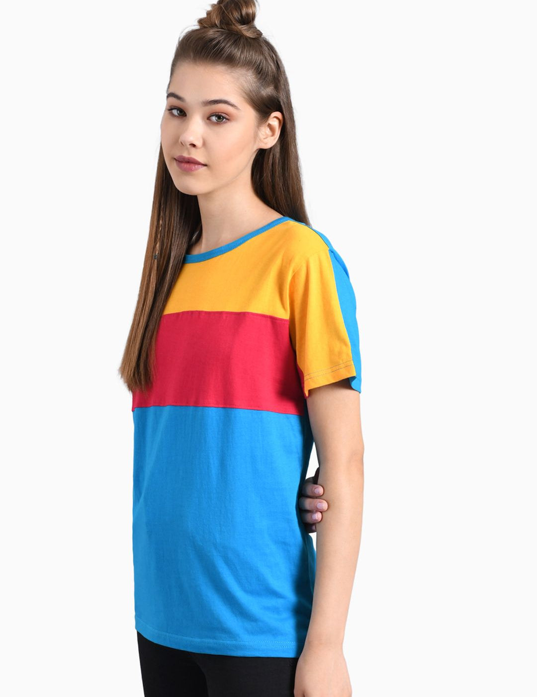 Kotty Women Blue & Yellow Colourblocked Round Neck T-shirt
