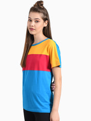 Kotty Women Blue & Yellow Colourblocked Round Neck T-shirt
