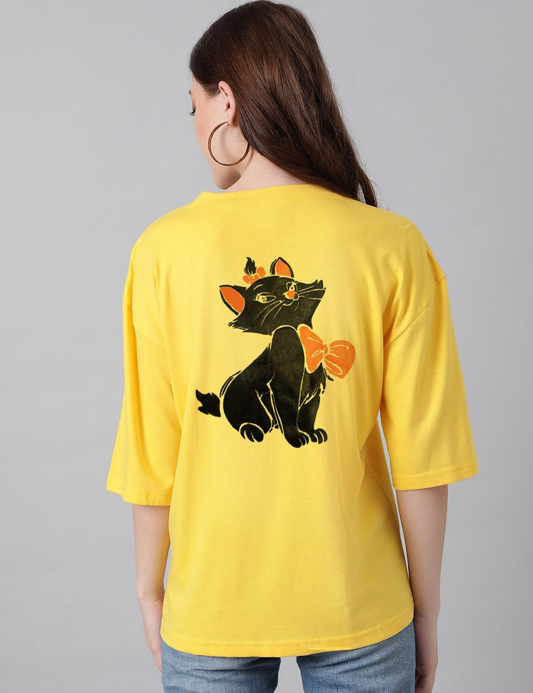 Kotty Yellow Graphic Printed Drop-Shoulder Sleeves Oversized Cotton  T-Shirt