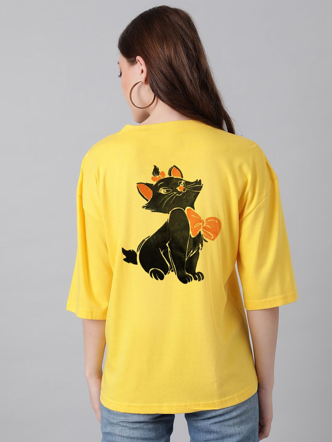 Kotty Yellow Graphic Printed Drop-Shoulder Sleeves Oversized Cotton  T-Shirt