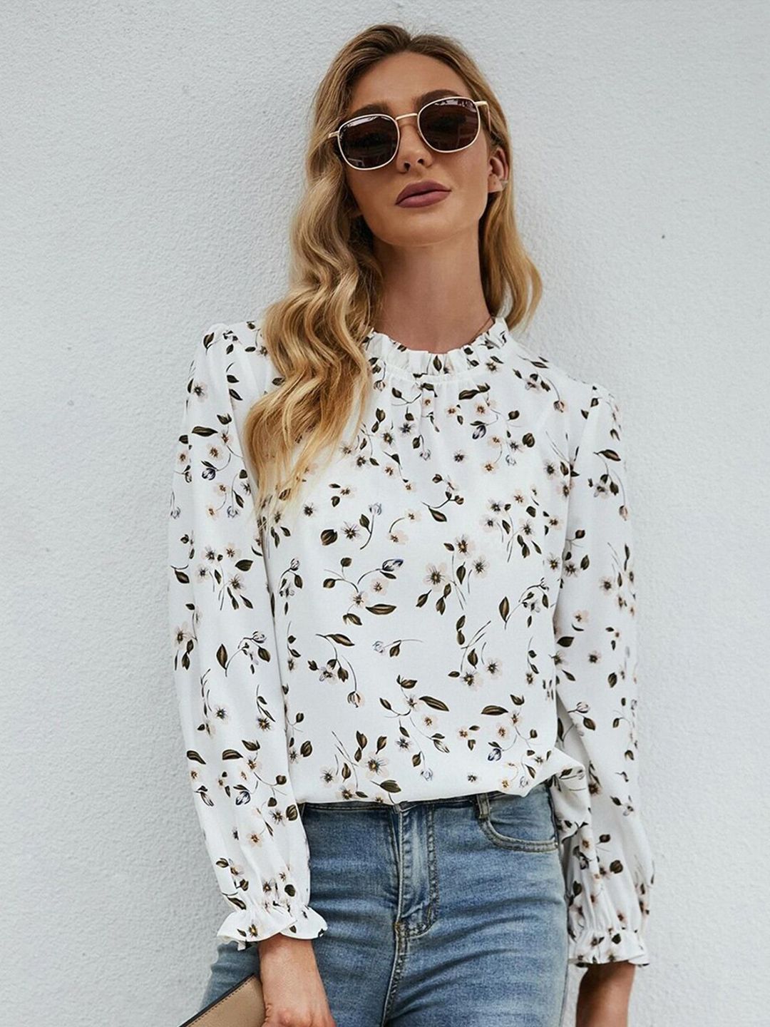 Kotty Women White Floral Print Crepe Top