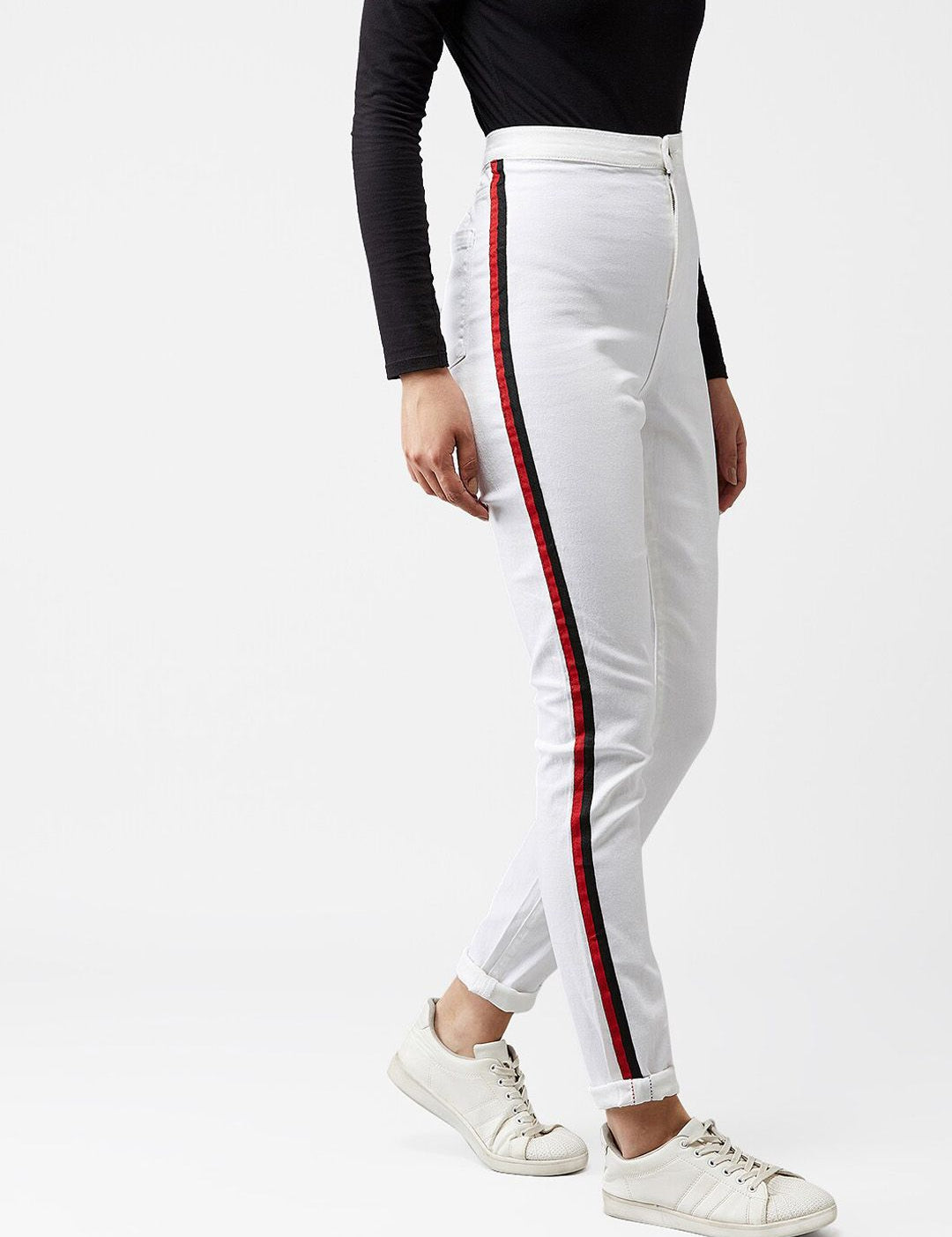 Kotty Women White Skinny Fit High-Rise Clean Look Jeans With Side Stripes