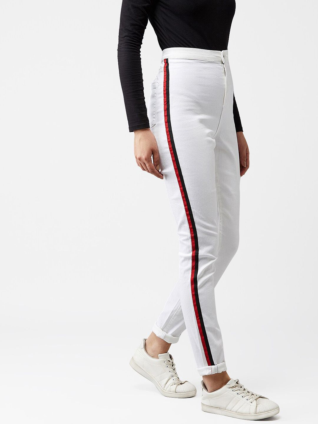 Kotty Women White Skinny Fit High-Rise Clean Look Jeans With Side Stripes