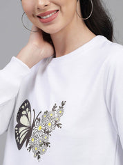 Kotty Women White Butterfly Printed Fleece Sweatshirt