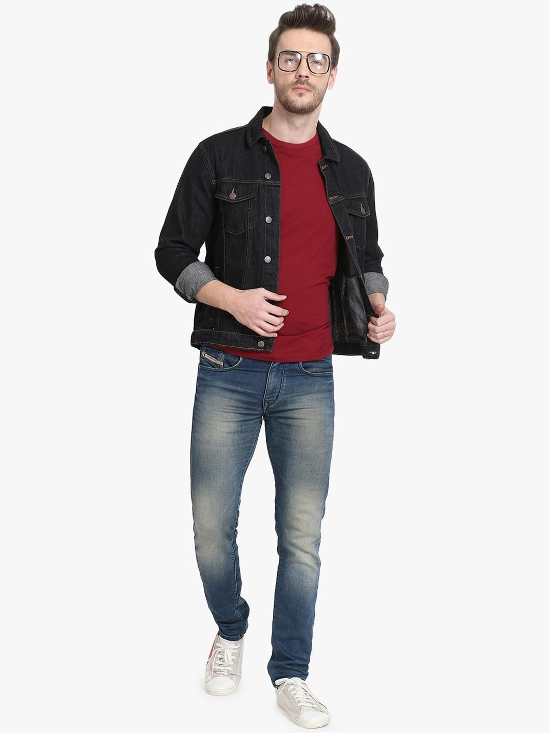 Kotty Men Black Solid Denim Jacket