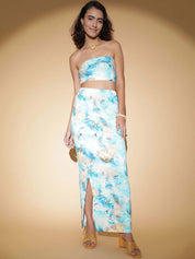 Kotty Blue Printed Strapless Top With Skirt