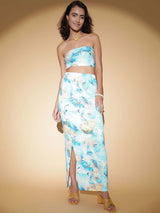 Kotty Blue Printed Strapless Top With Skirt
