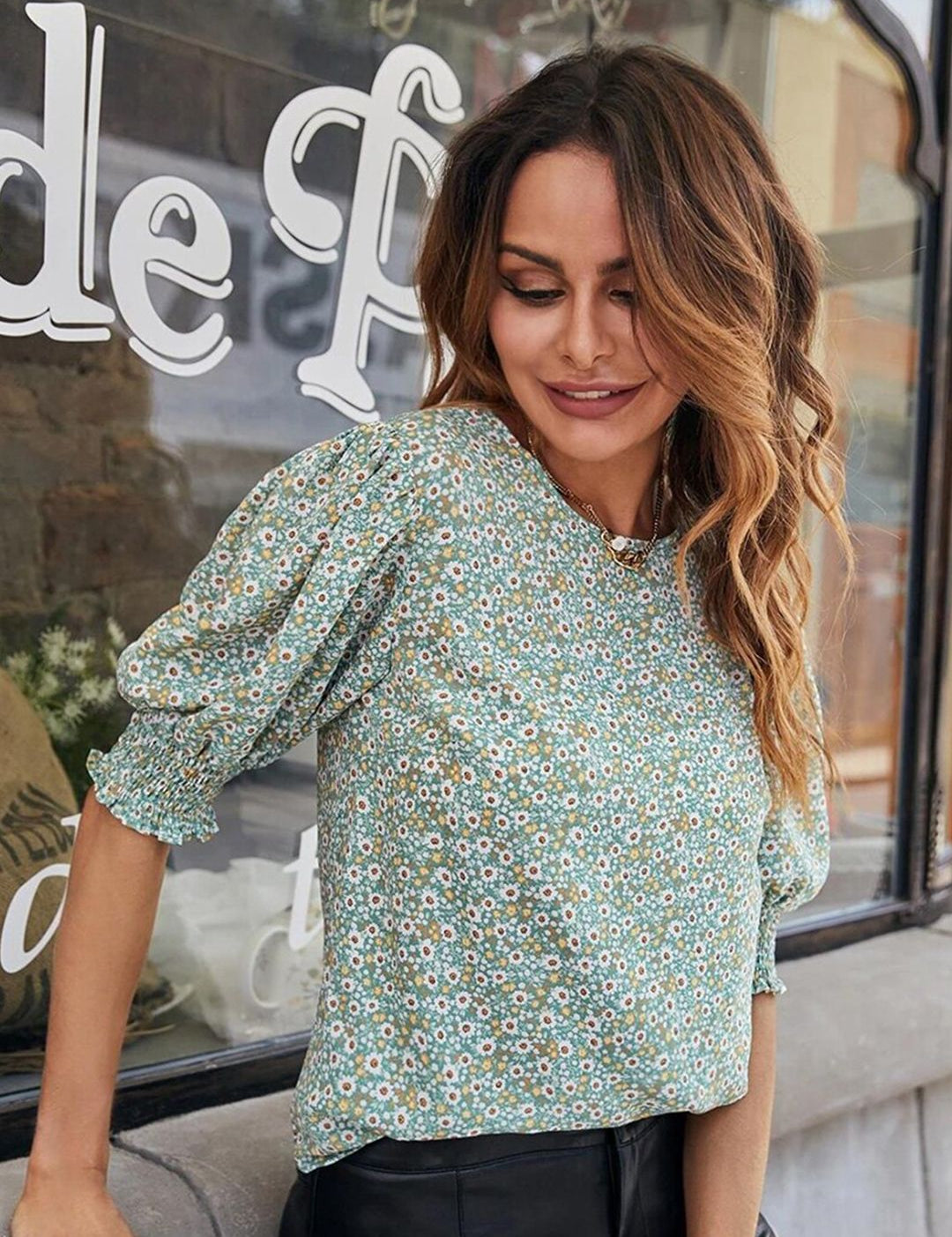 Kotty Women Teal Floral Print Crepe Top