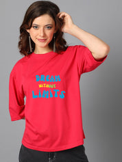 Kotty Pink Typography Printed Drop-Shoulder Sleeves Oversized T-shirt