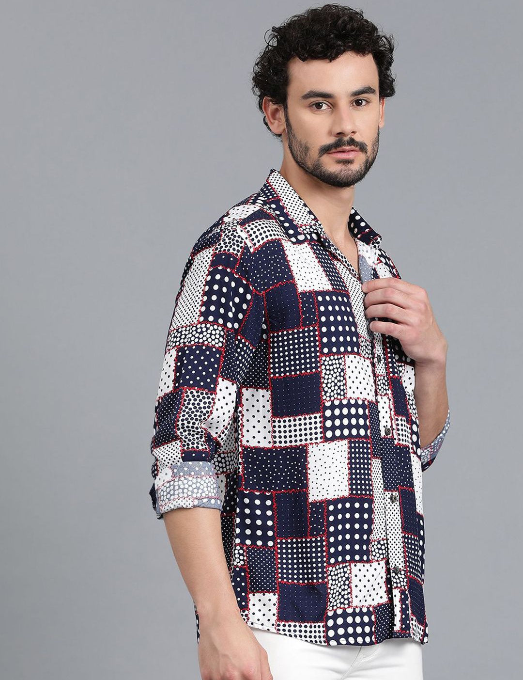 Kotty Navy Blue & White Polka Dot Printed Cutaway Collar Relaxed Fit Casual Shirt