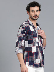 Kotty Navy Blue & White Polka Dot Printed Cutaway Collar Relaxed Fit Casual Shirt