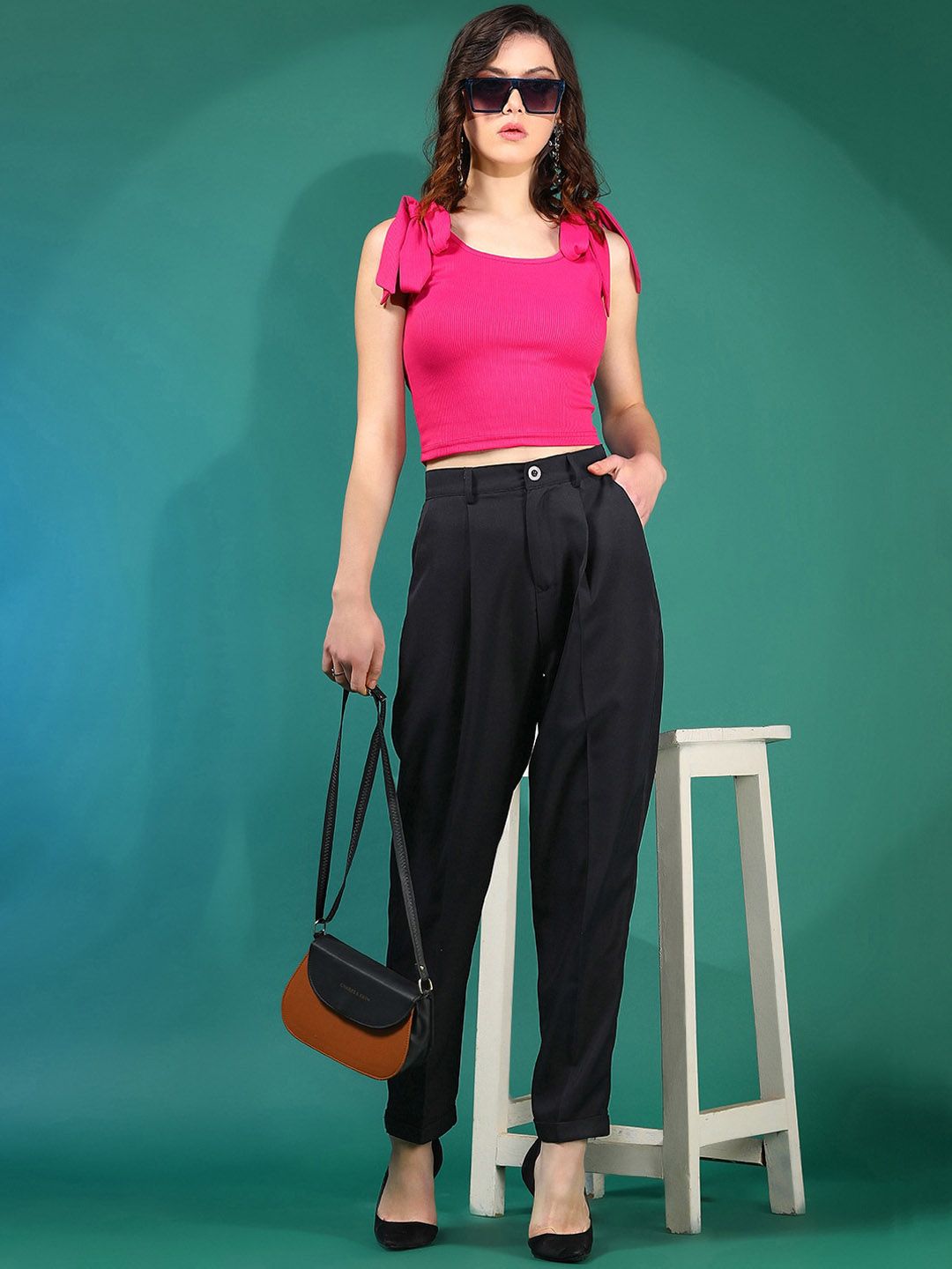 Stylecast X KOTTY BIZwear Women Black Relaxed Slim Fit High-Rise Easy Wash Peg Trousers