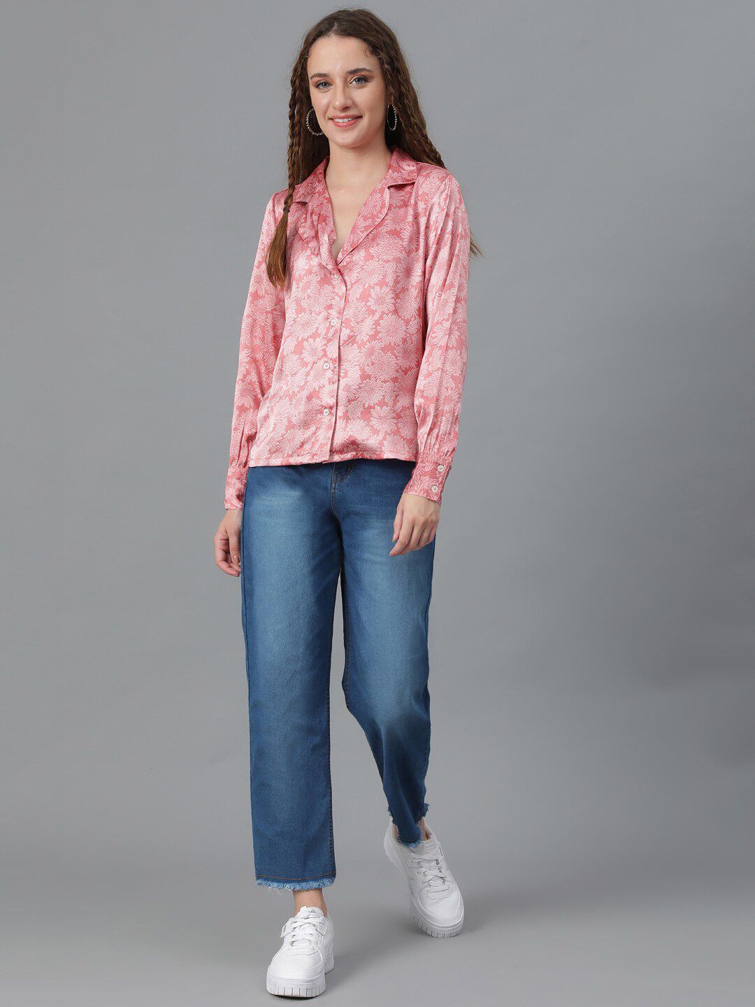 Kotty Pink Relaxed Floral Printed Cuban Collar Satin Casual Shirt