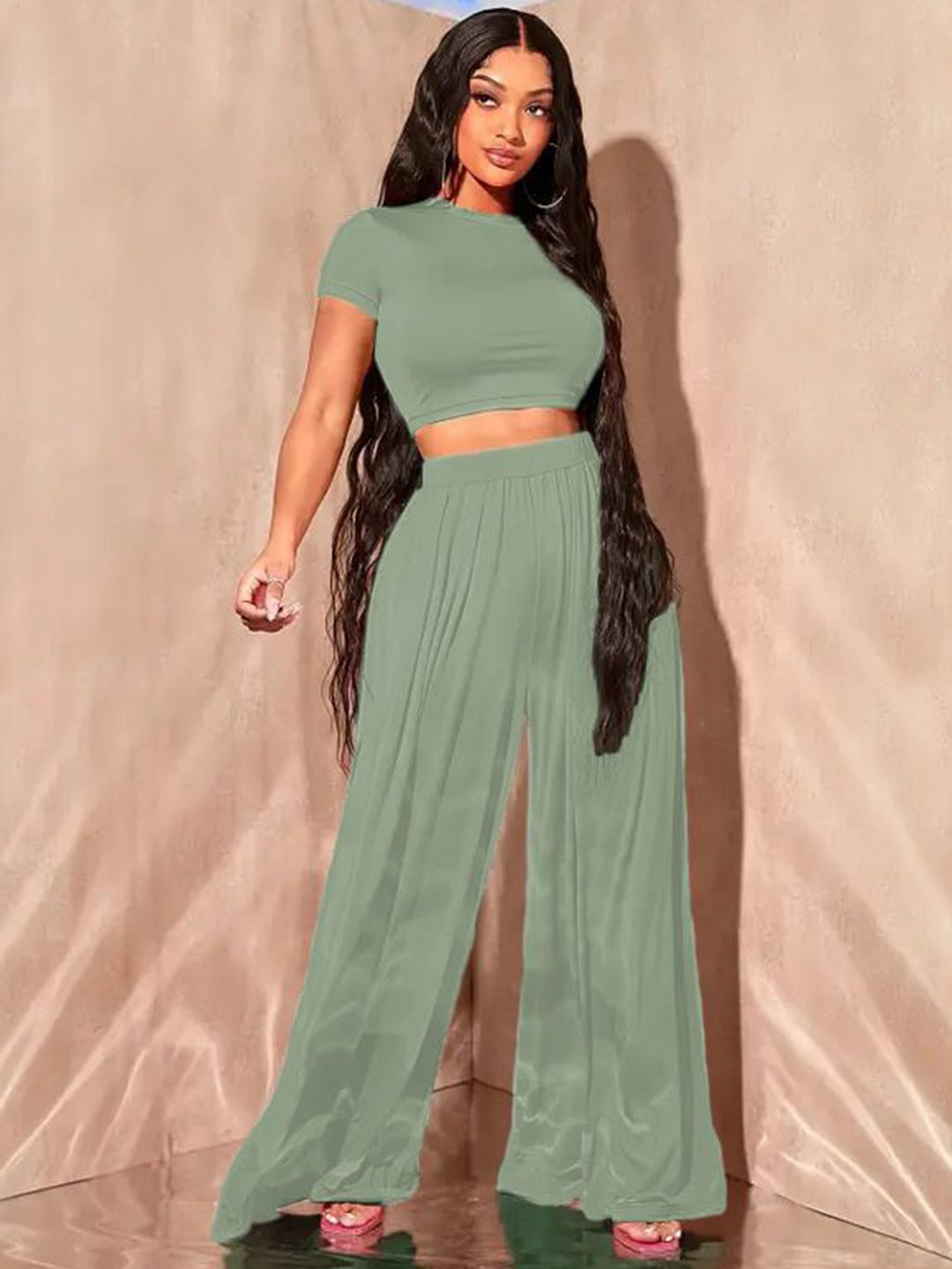Kotty Round Neck Crop Top With Wide-Leg Trousers Co-Ords
