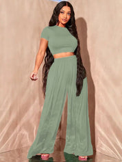 Kotty Round Neck Crop Top With Wide-Leg Trousers Co-Ords