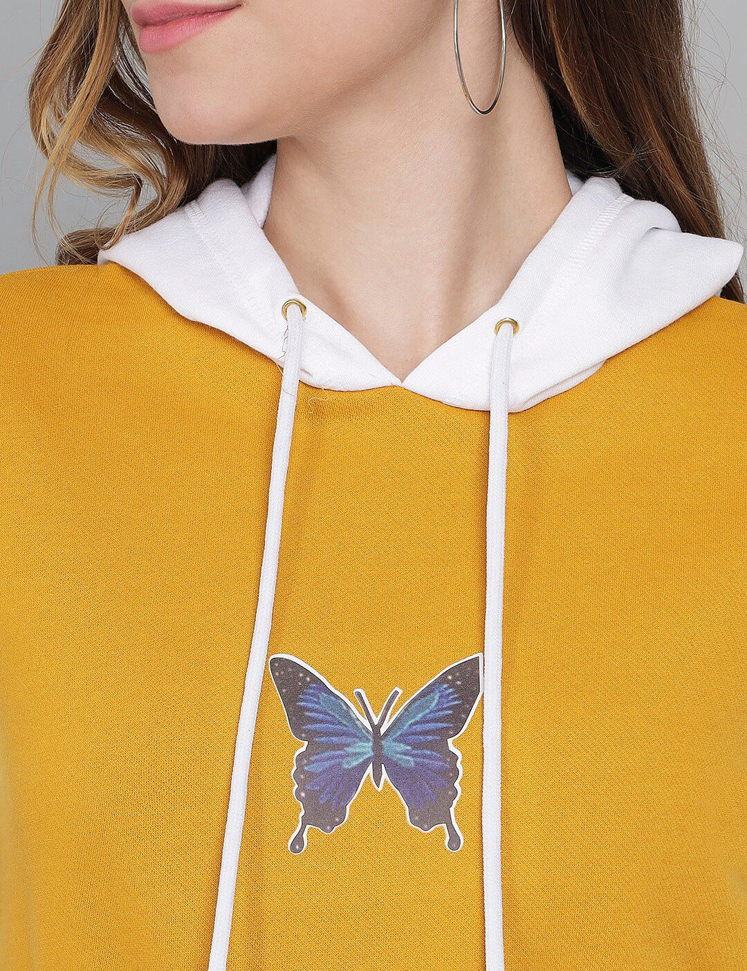 Kotty Women Yellow & White Fleece Colourblocked Hooded Sweatshirt