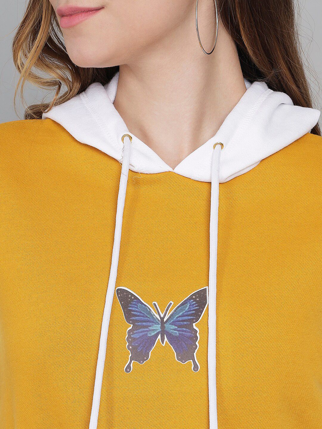 Kotty Women Yellow & White Fleece Colourblocked Hooded Sweatshirt