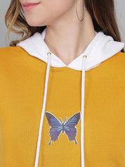 Kotty Women Yellow & White Fleece Colourblocked Hooded Sweatshirt