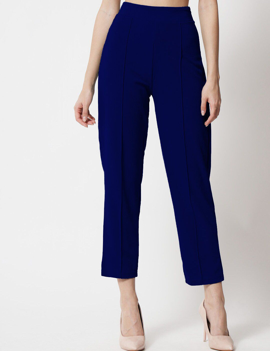 Kotty Women Blue Comfort Straight Fit High-Rise Easy Wash Pleated Trousers