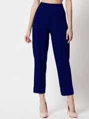 Kotty Women Blue Comfort Straight Fit High-Rise Easy Wash Pleated Trousers